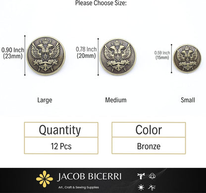 Bronze Metal Shank Buttons - 12 Pcs - 3 Size Options - Luxury Eagle Round Wave Metal Shank Buttons for Men Women Blazer Coat Uniform Shirt Suit and Jacket Sewing Craft DIY N14903
