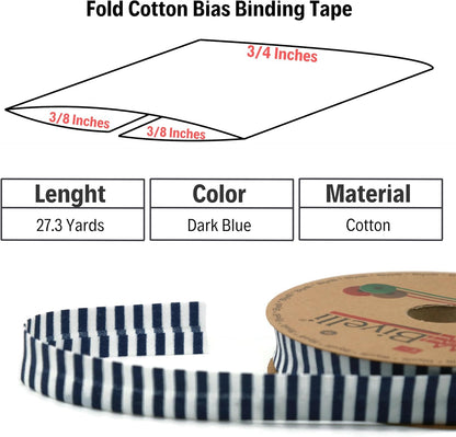 Cotton Fold Bias Binding Tape - 3/4 Inches (20mm) Wide - 27 Yards - Plaid Single Fold Cotton Fold Bias Binding Tape for Sewing Clothing DIY Dark Blue F4