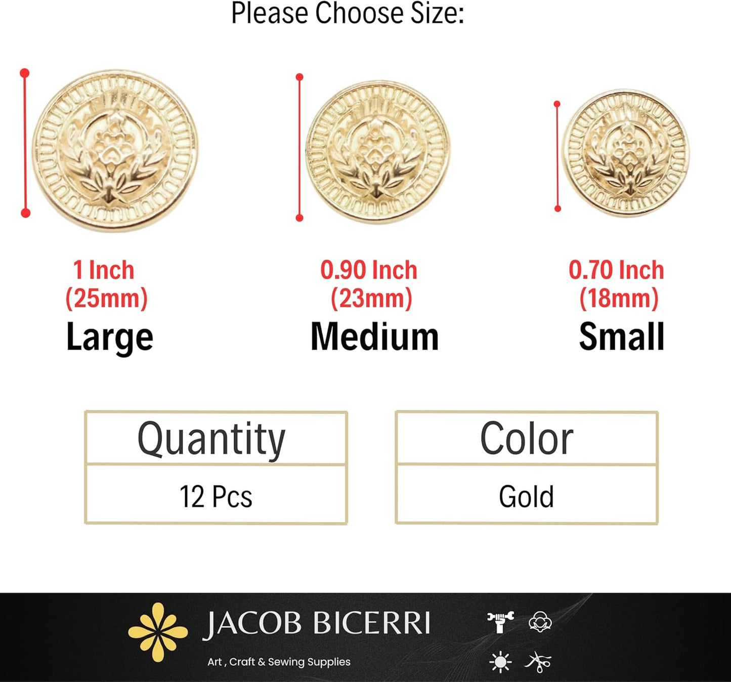 Gold Metal Shank Buttons - 12 Pcs - 3 Size Options - Luxury Floral Rome Round Wave Gold Metal Shank Buttons for Men Women Blazer Coat Uniform Shirt Suit and Jacket Sewing Craft DIY N20801