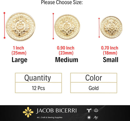 Gold Metal Shank Buttons - 12 Pcs - 3 Size Options - Luxury Floral Rome Round Wave Gold Metal Shank Buttons for Men Women Blazer Coat Uniform Shirt Suit and Jacket Sewing Craft DIY N20801