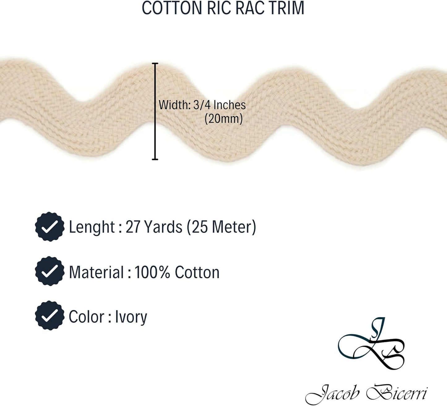 Cotton RIC Rac Trim - 3/4 Inch - 27 Yards - Wave Bending Fringe Trim Cotton Lace Ribbon RIC Rac Trim for Sewing Clothes Gift Wrapping Home Party Decoration CTR0215