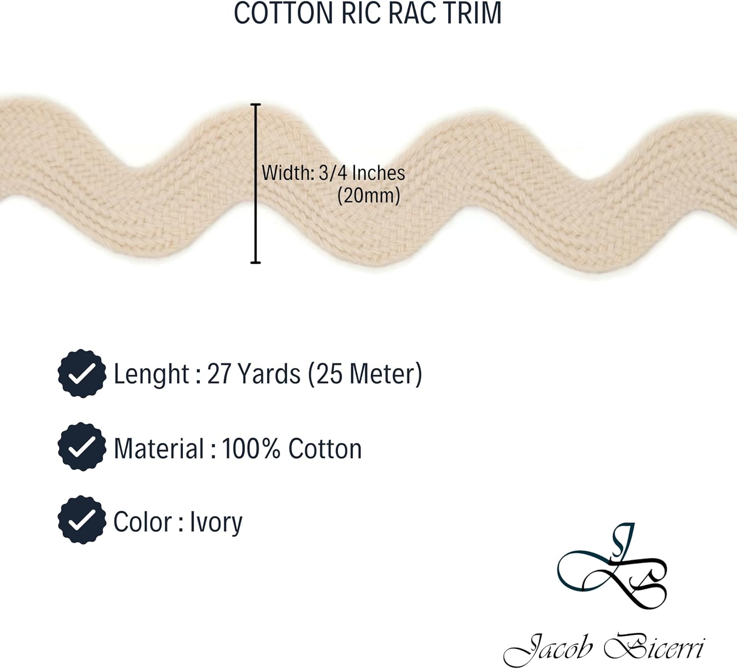 Cotton RIC Rac Trim - 3/4 Inch - 27 Yards - Wave Bending Fringe Trim Cotton Lace Ribbon RIC Rac Trim for Sewing Clothes Gift Wrapping Home Party Decoration CTR0215