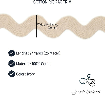 Cotton RIC Rac Trim - 3/4 Inch - 27 Yards - Wave Bending Fringe Trim Cotton Lace Ribbon RIC Rac Trim for Sewing Clothes Gift Wrapping Home Party Decoration CTR0215