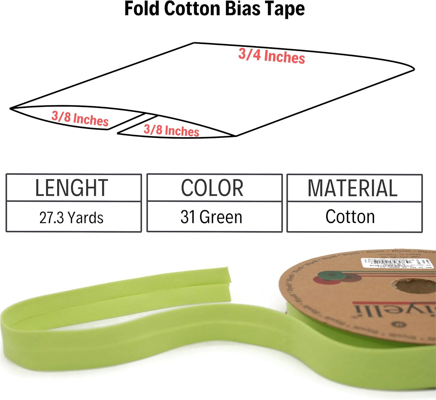 Cotton Fold Bias Tape - 3/4 Inches (20mm) Wide - 27 Yards - 65+ Colors - Single Fold Cotton Fold Bias Binding Tape for Sewing Clothing DIY (31. Green) D31