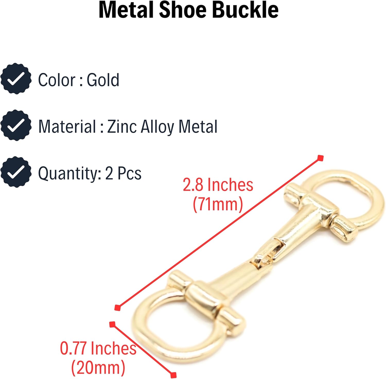 Metal Shoe Buckle - 2.8 Inch (71mm) - 2 Pcs - Gold Metal Shoe Buckle Shoelace Clips Metal Hinged Equestrian Buckles For Craft & Sewing Project BG1302
