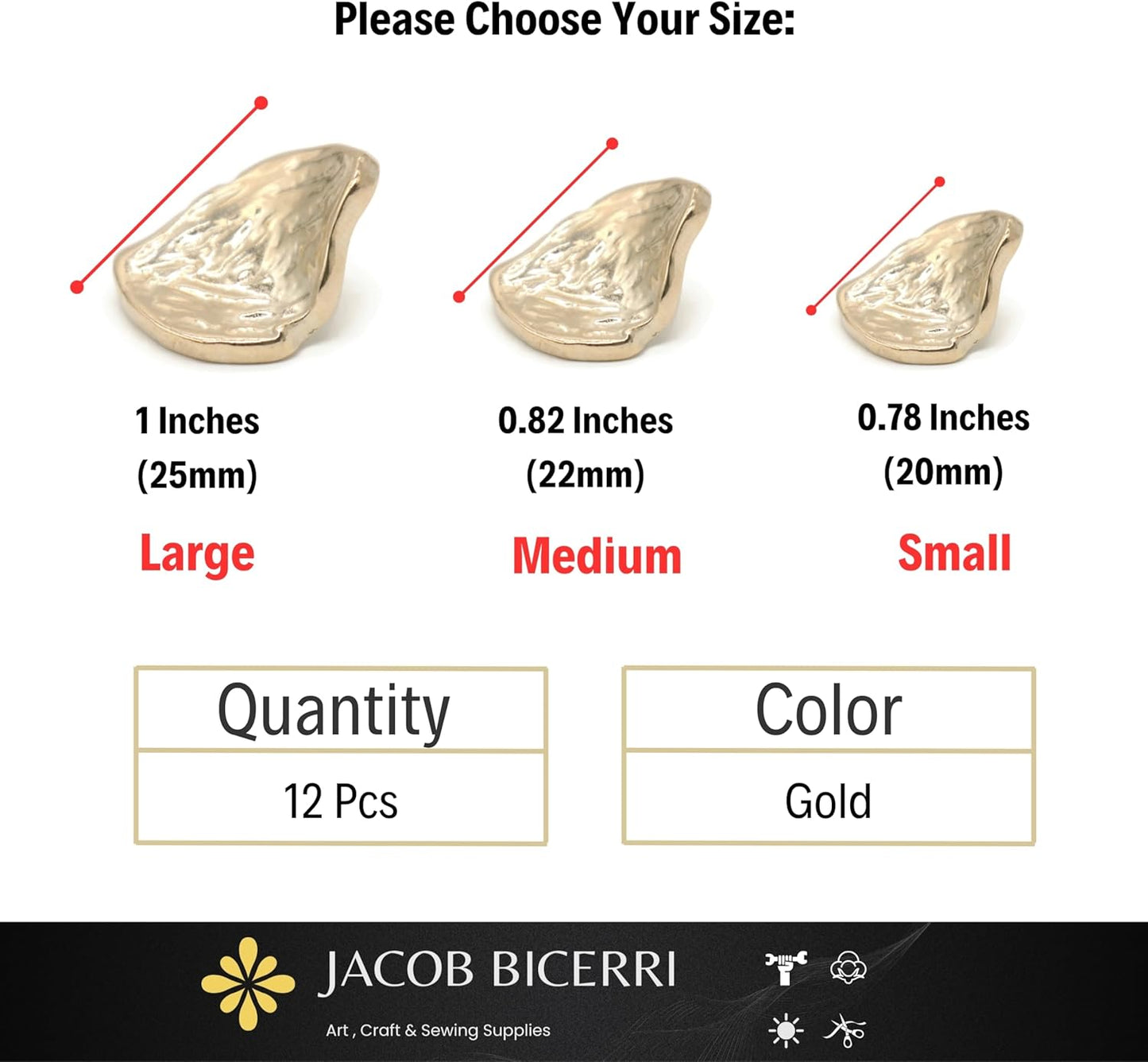 Gold Metal Shank Buttons - 12 Pcs - 3 Size Options - Irregular Metal Shank Buttons Large for Men Women Blazer Coat Uniform Shirt Suit and Jacket Sewing Craft DIY N15403