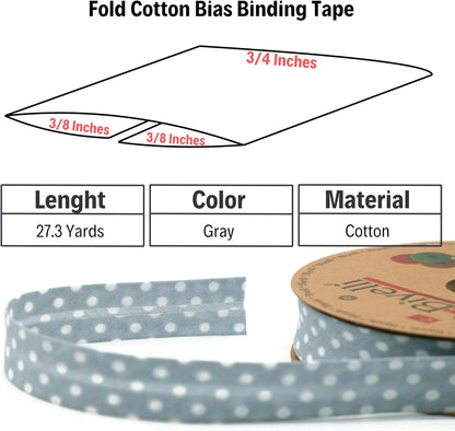 Cotton Fold Bias Binding Tape - 3/4 Inches (20mm) Wide - 27 Yards - Polka Dots Single Fold Cotton Fold Bias Binding Tape for Sewing Clothing DIY Gray A23