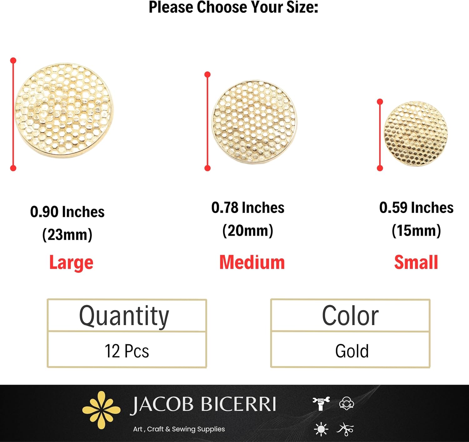 Gold Metal Shank Buttons - 12 Pcs - 3 Size Options - Beehive Round Metal Shank Buttons for Men Women Blazer Coat Uniform Shirt Suit and Jacket Sewing Craft DIY N5103