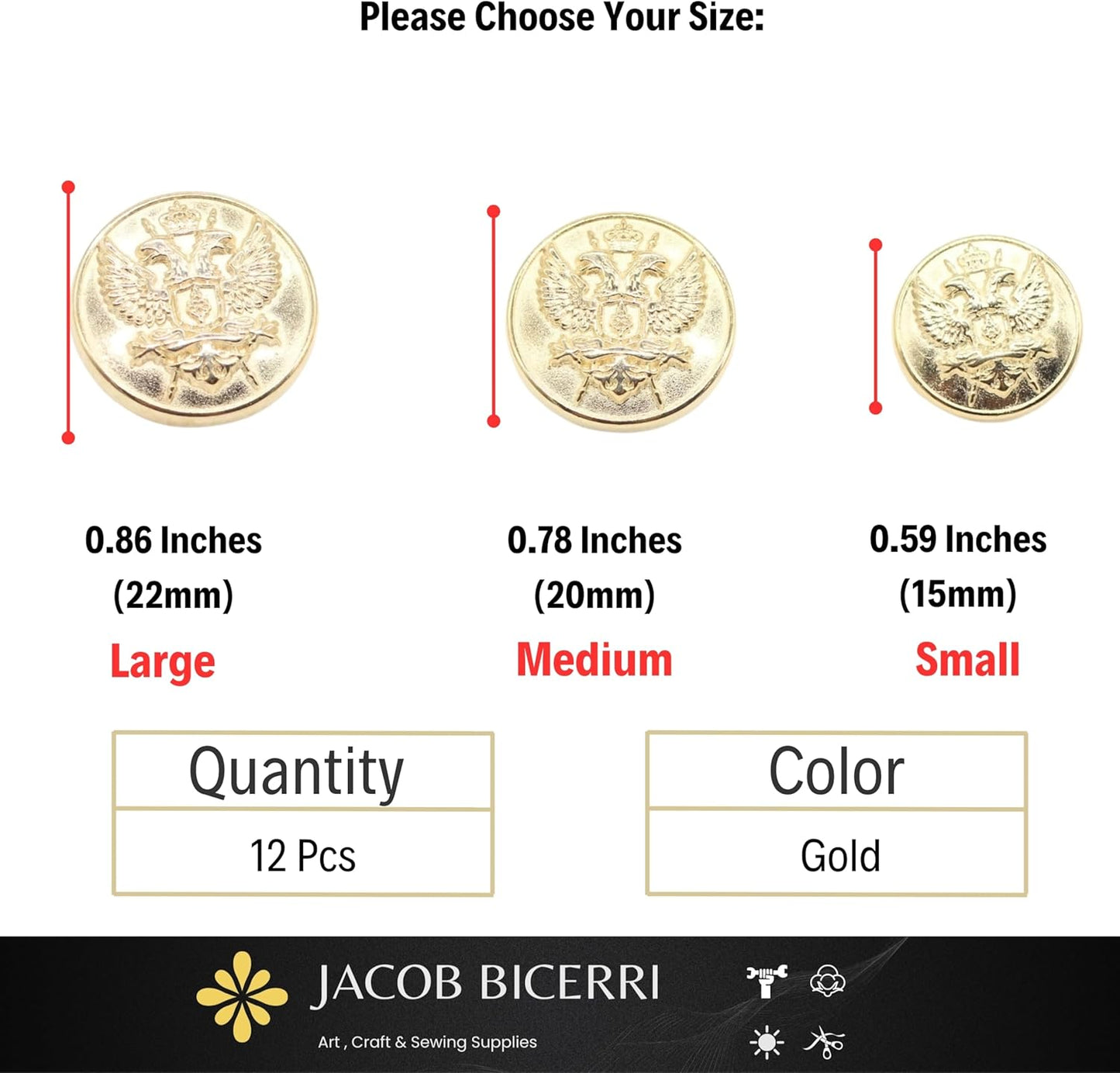 Gold Metal Shank Buttons - 12 Pcs - 3 Size Options - Twin Eagle Round Metal Shank Buttons for Men Women Blazer Coat Uniform Shirt Suit and Jacket Sewing Craft DIY N3403