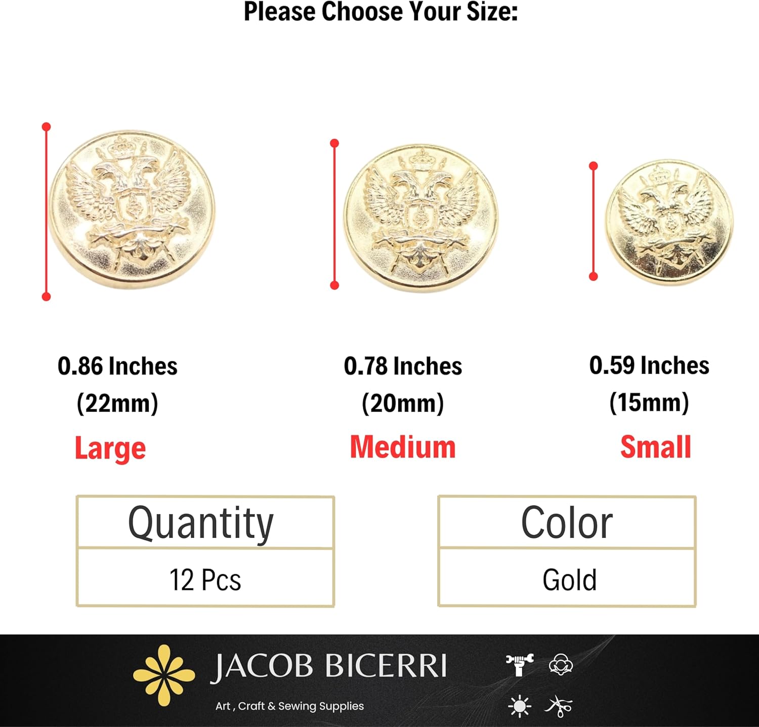 Gold Metal Shank Buttons - 12 Pcs - 3 Size Options - Twin Eagle Round Metal Shank Buttons for Men Women Blazer Coat Uniform Shirt Suit and Jacket Sewing Craft DIY N3403