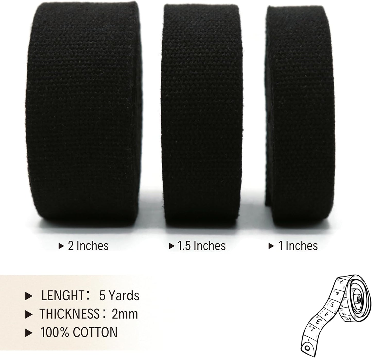 2" & 1.5'' & 1" Cotton Webbing - 5 Yards - 50+ Colors -%100 Natural Cotton - Turkish Woven - 1 Inch 1.5 Inch 2 Inch Black Canvas Webbing for Sewing Straps Bag Climbing Indoors Craft DIY 11514