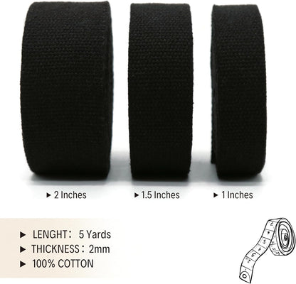 2" & 1.5'' & 1" Cotton Webbing - 5 Yards - 50+ Colors -%100 Natural Cotton - Turkish Woven - 1 Inch 1.5 Inch 2 Inch Black Canvas Webbing for Sewing Straps Bag Climbing Indoors Craft DIY 11514