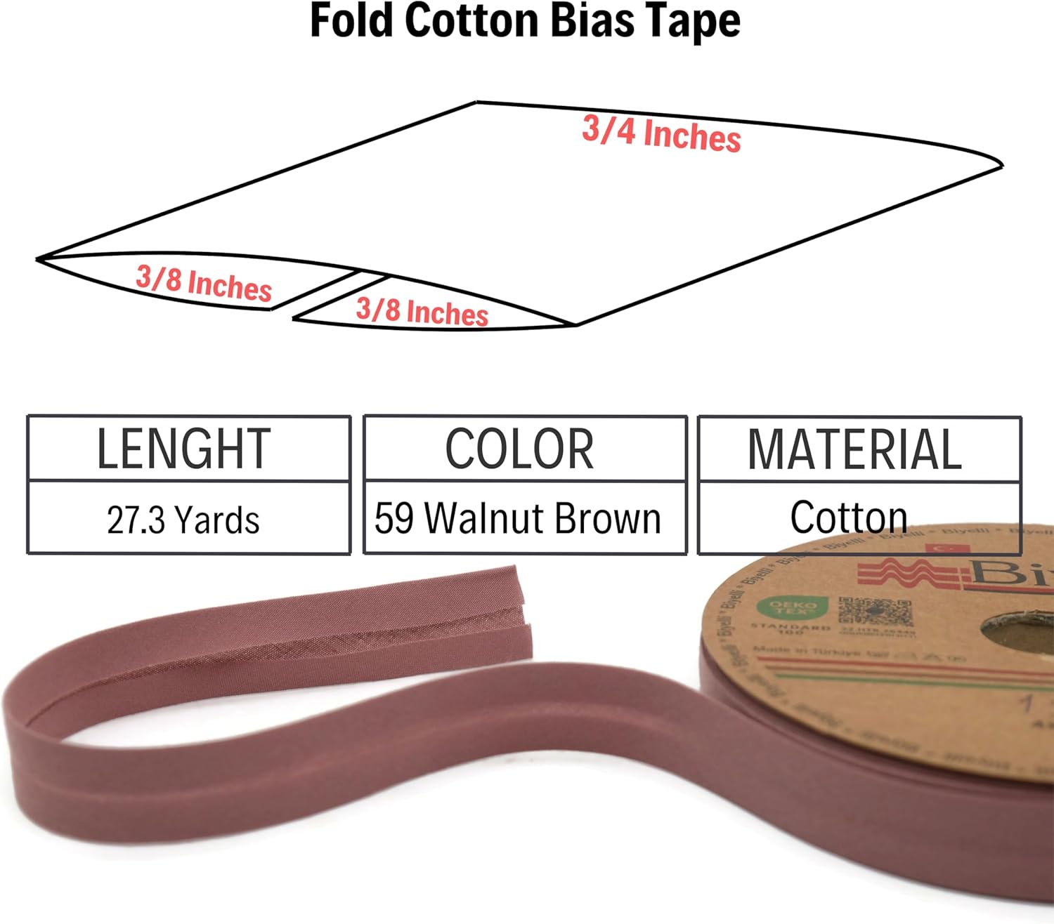 Cotton Fold Bias Tape - 3/4 Inches (20mm) Wide - 27 Yards - 65+ Colors - Single Fold Cotton Fold Bias Binding Tape for Sewing Clothing DIY (59. Walnut Brown) D59