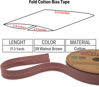 Cotton Fold Bias Tape - 3/4 Inches (20mm) Wide - 27 Yards - 65+ Colors - Single Fold Cotton Fold Bias Binding Tape for Sewing Clothing DIY (59. Walnut Brown) D59