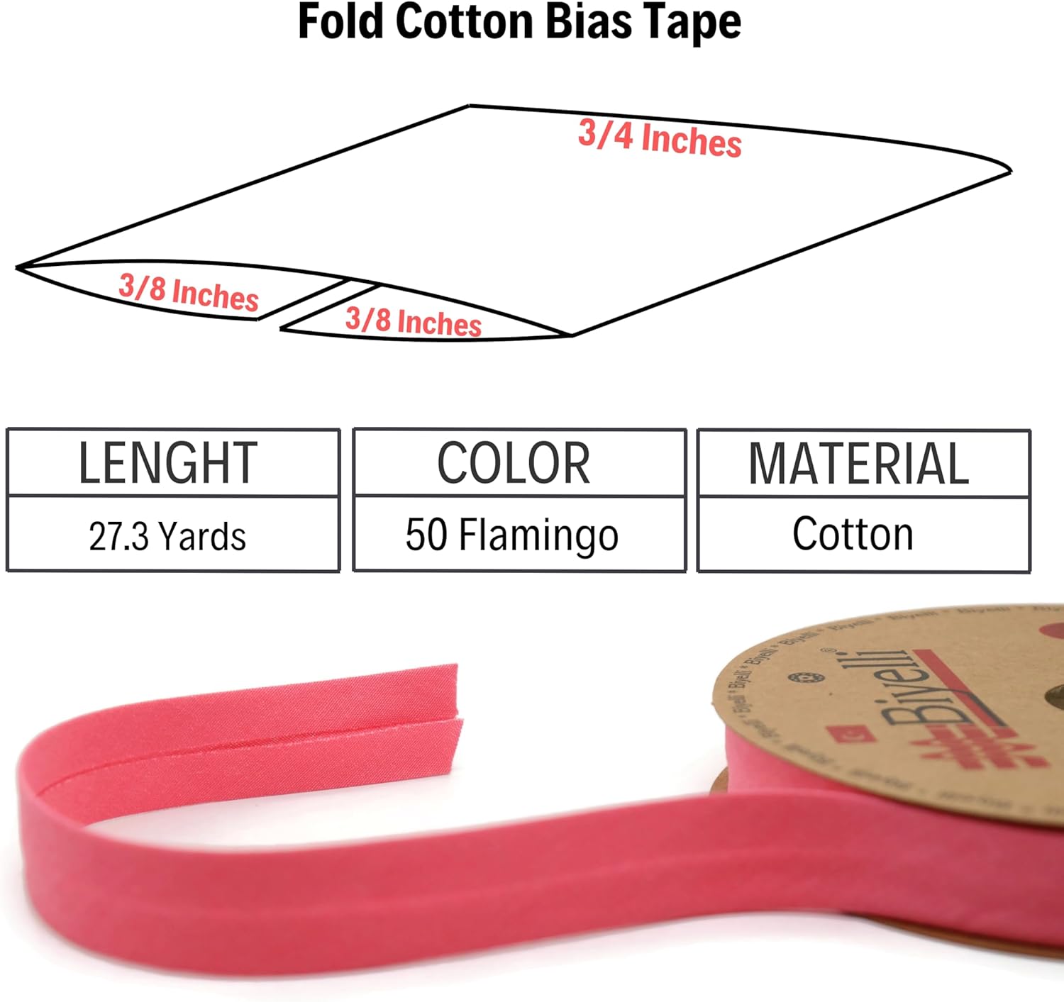Cotton Fold Bias Tape - 3/4 Inches (20mm) Wide - 27 Yards - 65+ Colors - Single Fold Cotton Fold Bias Binding Tape for Sewing Clothing DIY (50. Flamingo) D50