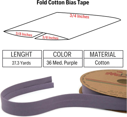 Cotton Fold Bias Tape - 3/4 Inches (20mm) Wide - 27 Yards - 65+ Colors - Single Fold Cotton Fold Bias Binding Tape for Sewing Clothing DIY (36. Med Purple) D36