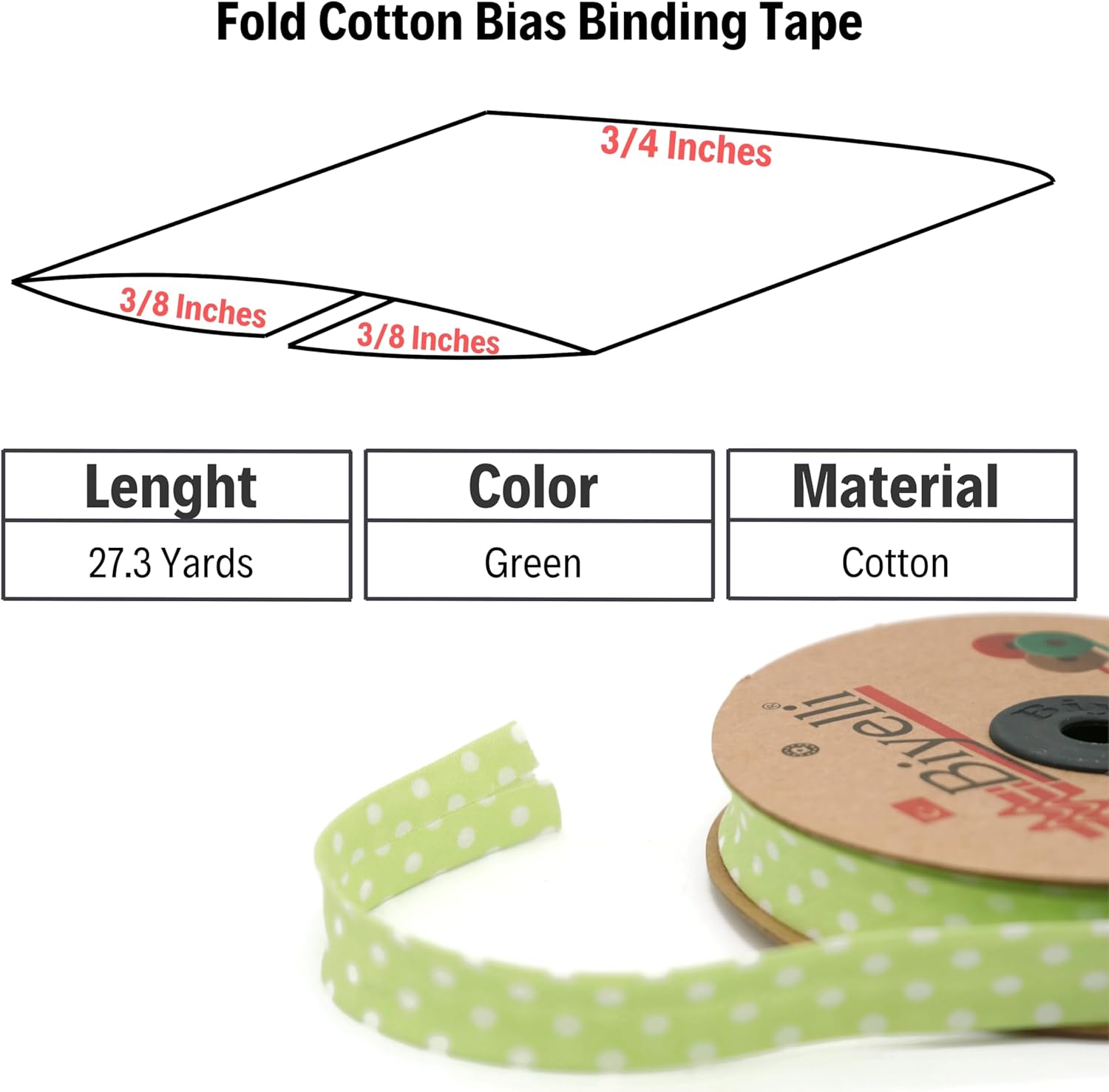 Cotton Fold Bias Binding Tape - 3/4 Inches (20mm) Wide - 27 Yards - Polka Dots Single Fold Cotton Fold Bias Binding Tape for Sewing Clothing DIY Green A15