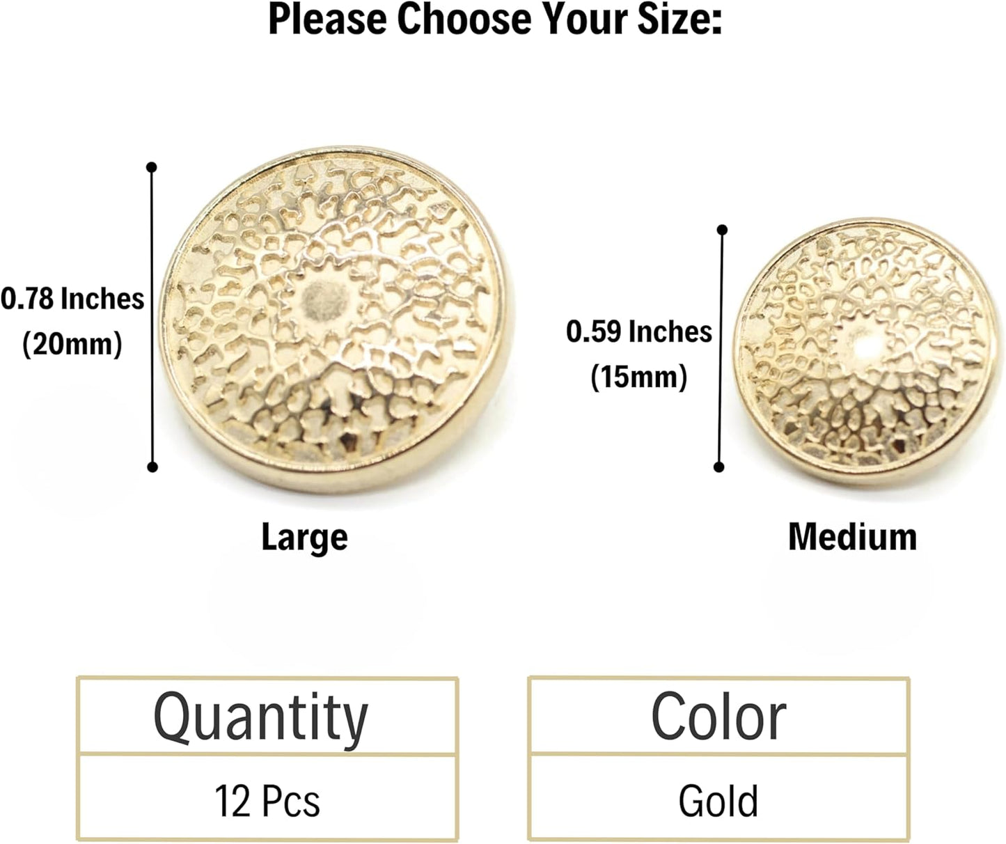 Gold Metal Shank Buttons - 12 Pcs - 2 Size Options - Luxury Floral Round Metal Shank Buttons for Men Women Blazer Coat Uniform Shirt Suit and Jacket Sewing Craft DIY N1502