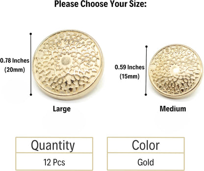 Gold Metal Shank Buttons - 12 Pcs - 2 Size Options - Luxury Floral Round Metal Shank Buttons for Men Women Blazer Coat Uniform Shirt Suit and Jacket Sewing Craft DIY N1502