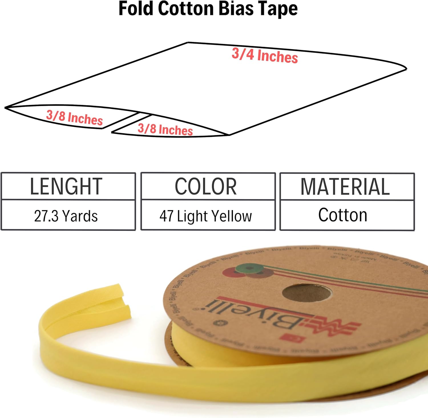 Cotton Fold Bias Tape - 3/4 Inches (20mm) Wide - 27 Yards - 65+ Colors - Single Fold Cotton Fold Bias Binding Tape for Sewing Clothing DIY (47. Light Yellow) D47