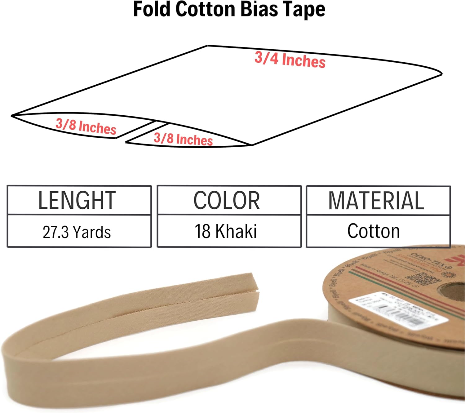 Cotton Fold Bias Tape - 3/4 Inches (20mm) Wide - 27 Yards - 65+ Colors - Single Fold Cotton Fold Bias Binding Tape for Sewing Clothing DIY (18. Khaki) D18
