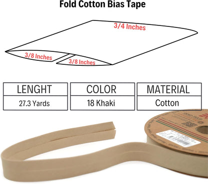 Cotton Fold Bias Tape - 3/4 Inches (20mm) Wide - 27 Yards - 65+ Colors - Single Fold Cotton Fold Bias Binding Tape for Sewing Clothing DIY (18. Khaki) D18