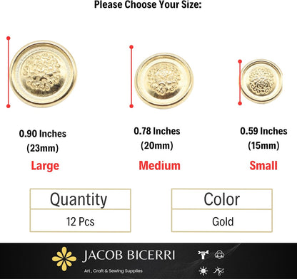 Gold Metal Shank Buttons - 12 Pcs - 3 Size Options - Floral Round Metal Shank Buttons for Men Women Blazer Coat Uniform Shirt Suit and Jacket Sewing Craft DIY N4401