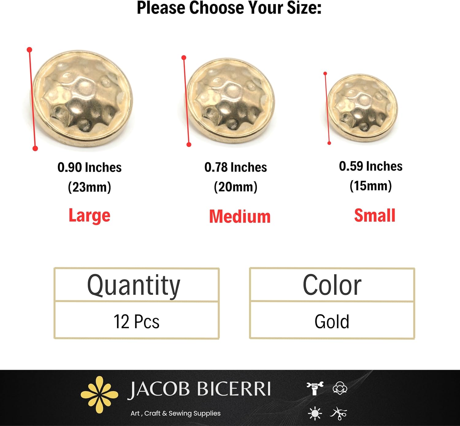 Wrinkle Gold Metal Shank Buttons - 12 Pcs - 3 Size Options - Luxury Beaten Round Wave Metal Shank Buttons for Men Women Blazer Coat Uniform Shirt Suit and Jacket Sewing Craft DIY N15502