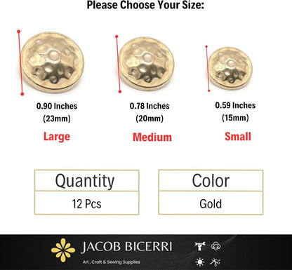 Wrinkle Gold Metal Shank Buttons - 12 Pcs - 3 Size Options - Luxury Beaten Round Wave Metal Shank Buttons for Men Women Blazer Coat Uniform Shirt Suit and Jacket Sewing Craft DIY N15502