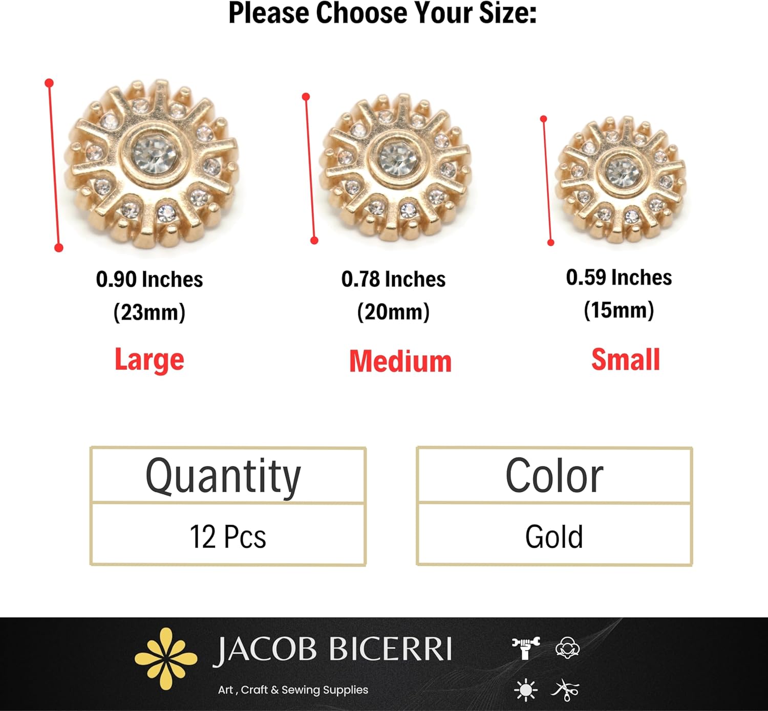 Rhinestone Gold Metal Shank Buttons - 12 Pcs - 3 Size Options - Luxury Rhinestone Floral Round Metal Shank Buttons for Women Blazer Coat Uniform Shirt Suit and Jacket Sewing Craft DIY N15703