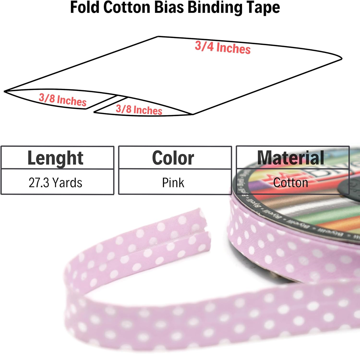 Cotton Fold Bias Binding Tape - 3/4 Inches (20mm) Wide - 27 Yards - Polka Dots Single Fold Cotton Fold Bias Binding Tape for Sewing Clothing DIY Pink A13