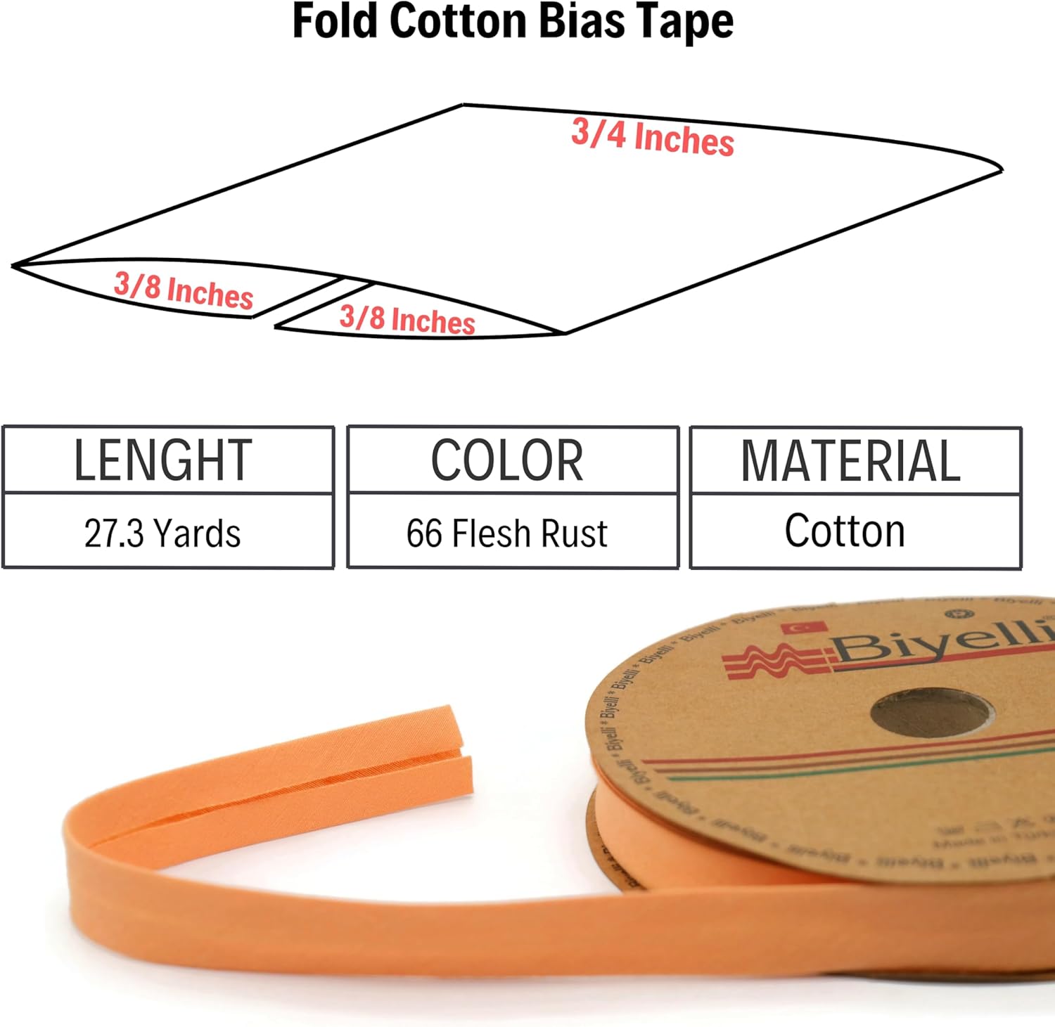 Cotton Fold Bias Tape - 3/4 Inches (20mm) Wide - 27 Yards - 65+ Colors - Single Fold Cotton Fold Bias Binding Tape for Sewing Clothing DIY (66. Flesh Rust) D66