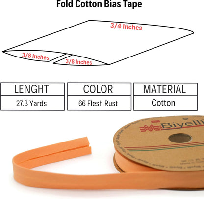 Cotton Fold Bias Tape - 3/4 Inches (20mm) Wide - 27 Yards - 65+ Colors - Single Fold Cotton Fold Bias Binding Tape for Sewing Clothing DIY (66. Flesh Rust) D66