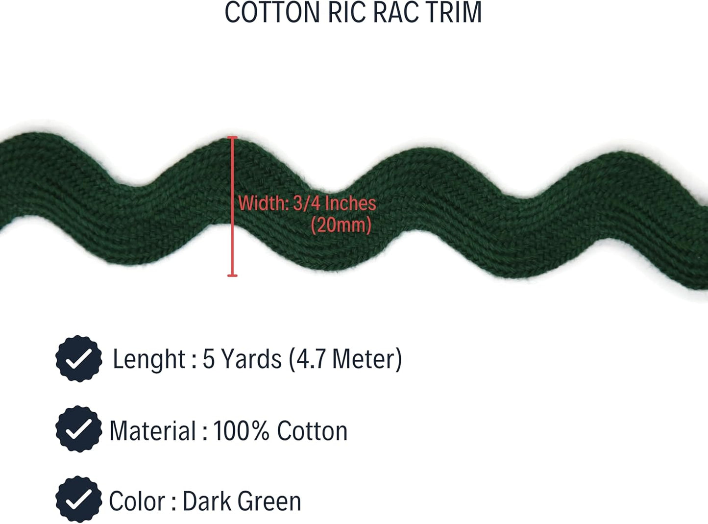 Cotton RIC Rac Trim - 3/4 Inch - 5 Yards - Dark Green Wave Bending Fringe Trim Cotton Lace Ribbon RIC Rac Trim for Sewing Clothes Gift Wrapping Home Party Decoration CTR02045