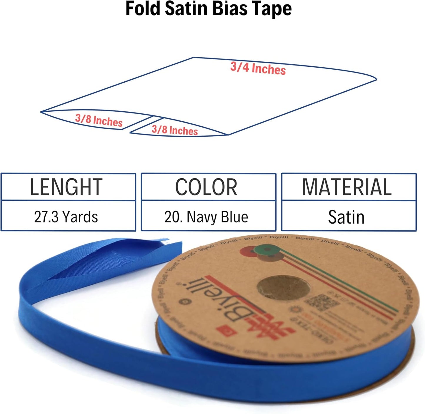 Fold Satin Bias Tape - 99+ Colors - 3/4 Inches Wide - 27 Yards - Fold Satin Binding Bias Ribbon Fabric Piping Bias Binding Tape for Sewing Clothing Navy Blue DIY BYS20
