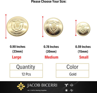 Gold Metal Shank Buttons - 12 Pcs - 3 Size Options - Floral Round Metal Shank Buttons for Men Women Blazer Coat Uniform Shirt Suit and Jacket Sewing Craft DIY N3603