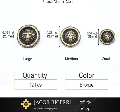 Lion Bronze Metal Shank Buttons - 12 Pcs - 3 Size Options - Luxury Crown Round Wave Metal Shank Buttons for Men Women Blazer Coat Uniform Shirt Suit and Jacket Sewing Craft DIY N14503