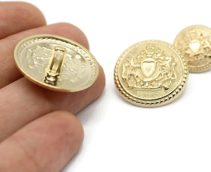 Gold Metal Shank Buttons - 12 Pcs - 3 Size Options - Twin Lion of Kingdom Round Metal Shank Buttons for Men Women Blazer Coat Uniform Shirt Suit and Jacket Sewing Craft DIY N3903