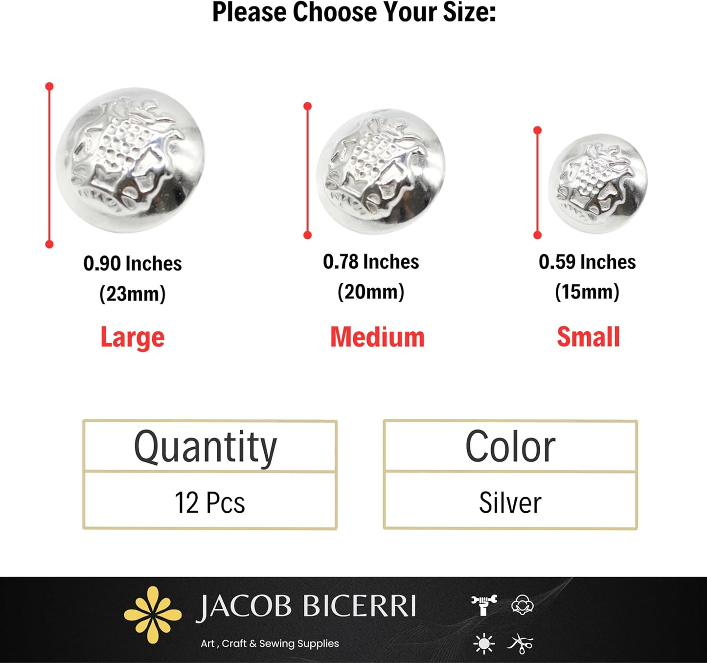 Silver Metal Shank Buttons - 12 Pcs - 3 Size Options - The Crown of Kingdom Round Metal Shank Buttons for Men Women Blazer Coat Uniform Shirt Suit and Jacket Sewing Craft DIY N8102