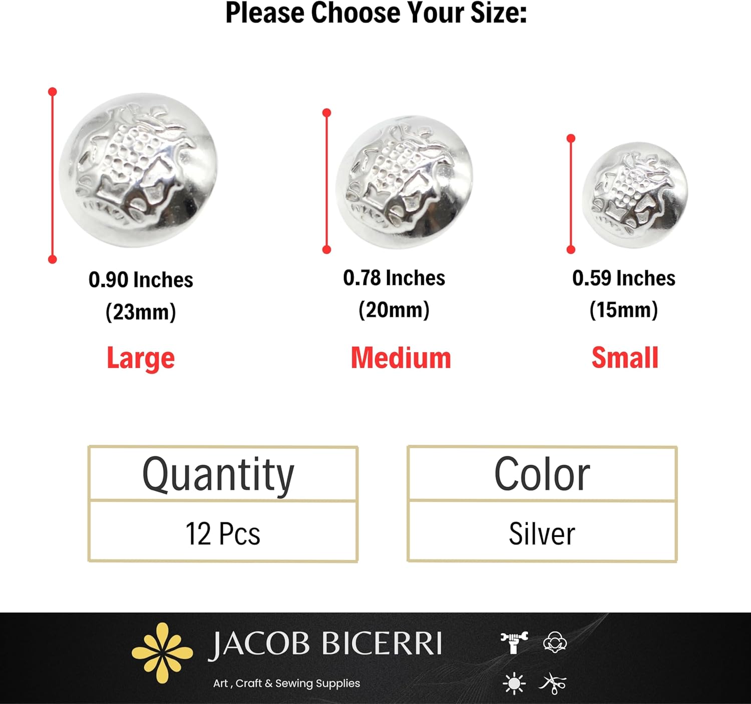 Silver Metal Shank Buttons - 12 Pcs - 3 Size Options - The Crown of Kingdom Round Metal Shank Buttons for Men Women Blazer Coat Uniform Shirt Suit and Jacket Sewing Craft DIY N8102