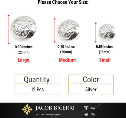 Silver Metal Shank Buttons - 12 Pcs - 3 Size Options - The Crown of Kingdom Round Metal Shank Buttons for Men Women Blazer Coat Uniform Shirt Suit and Jacket Sewing Craft DIY N8102