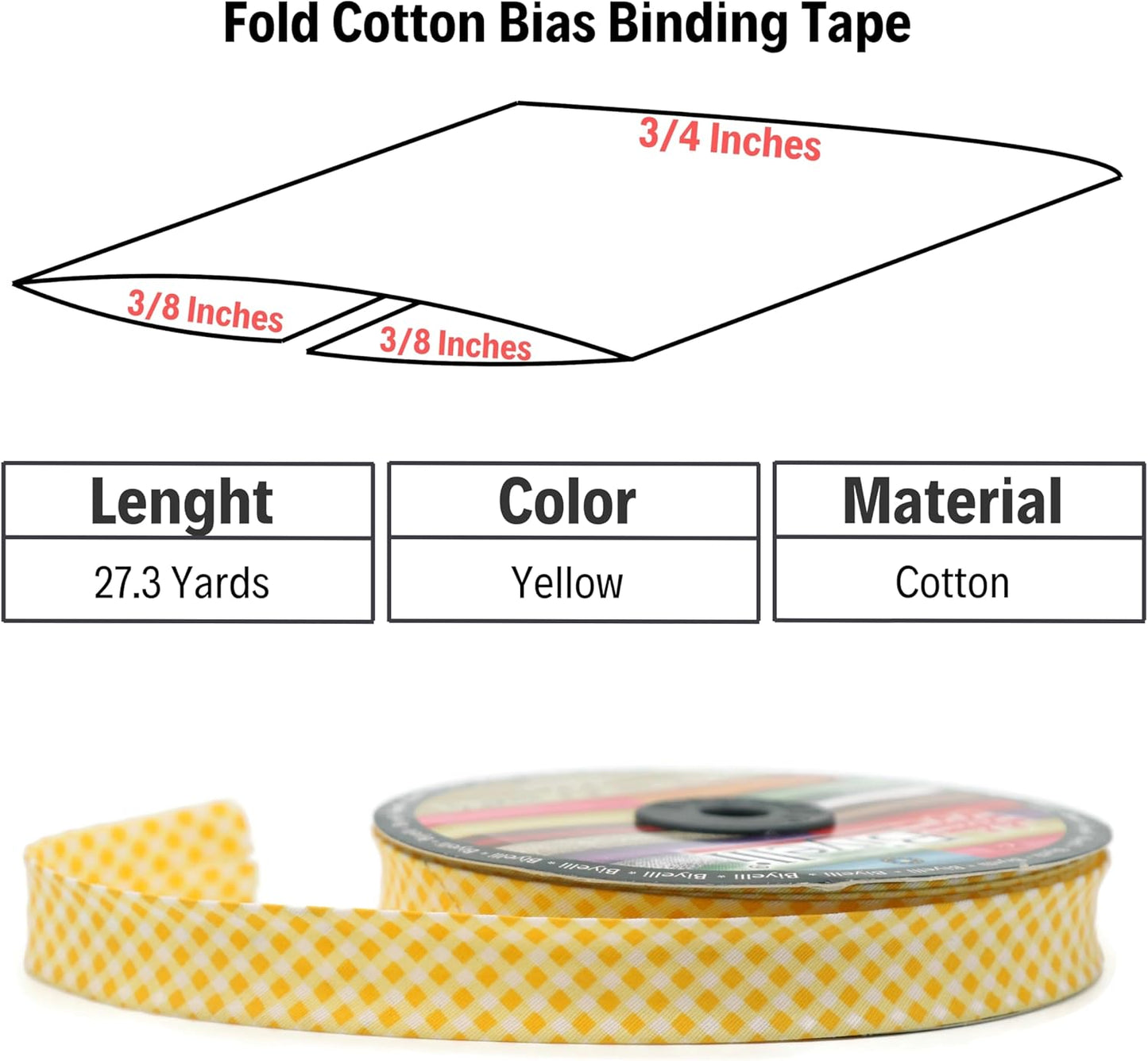 Cotton Fold Bias Binding Tape - 3/4 Inches (20mm) Wide - 27 Yards - Plaid Single Fold Cotton Fold Bias Binding Tape for Sewing Clothing DIY Yellow E4