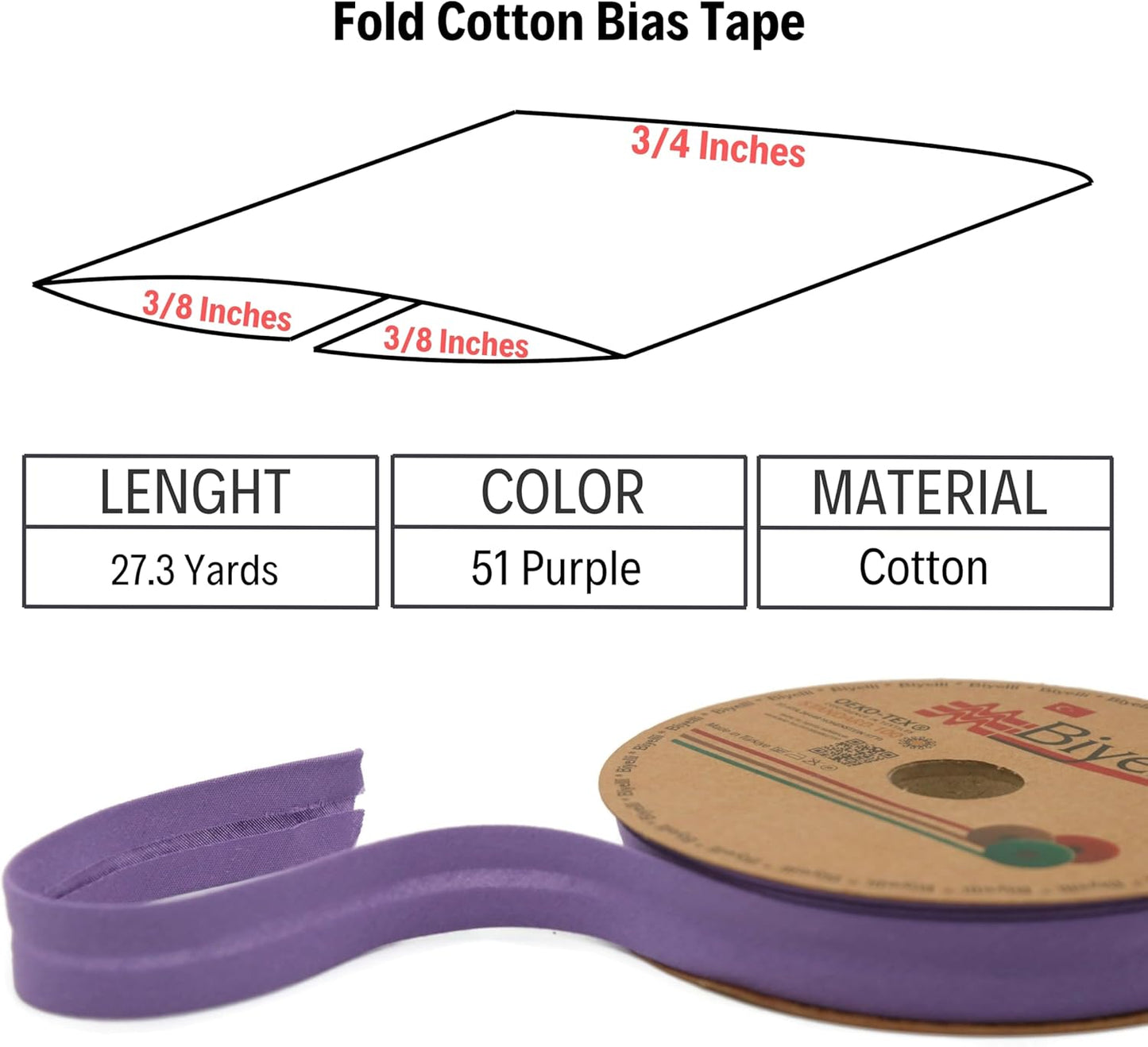 Cotton Fold Bias Tape - 3/4 Inches (20mm) Wide - 27 Yards - 65+ Colors - Single Fold Cotton Fold Bias Binding Tape for Sewing Clothing DIY (51. Purple) D51