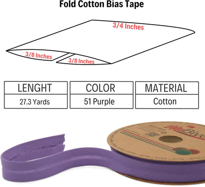 Cotton Fold Bias Tape - 3/4 Inches (20mm) Wide - 27 Yards - 65+ Colors - Single Fold Cotton Fold Bias Binding Tape for Sewing Clothing DIY (51. Purple) D51