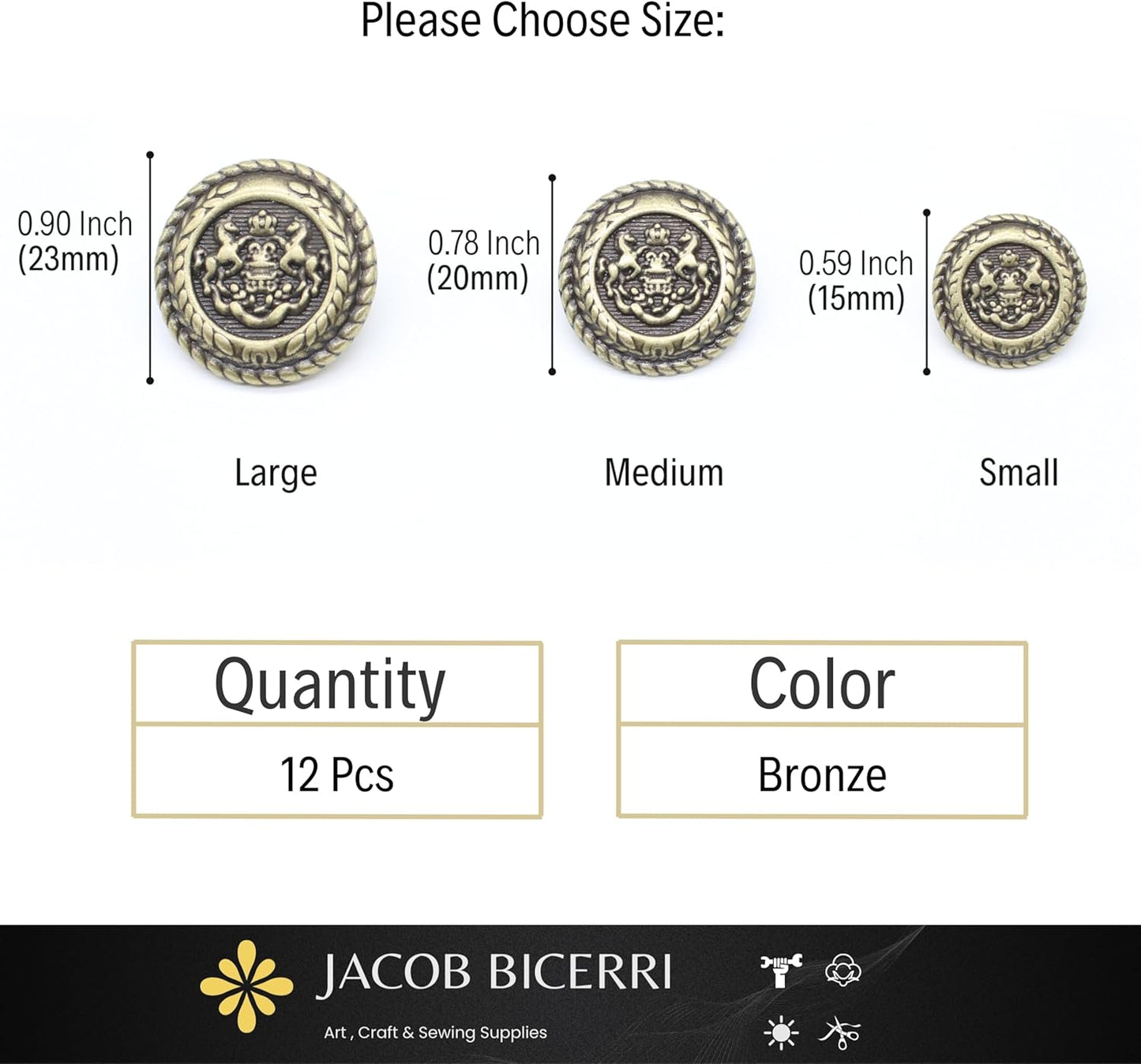 Bronze Metal Shank Buttons - 12 Pcs - 3 Size Options - The Horse of Kingdom Round Metal Shank Buttons for Men Women Blazer Coat Uniform Shirt Suit and Jacket Sewing Craft DIY N16803