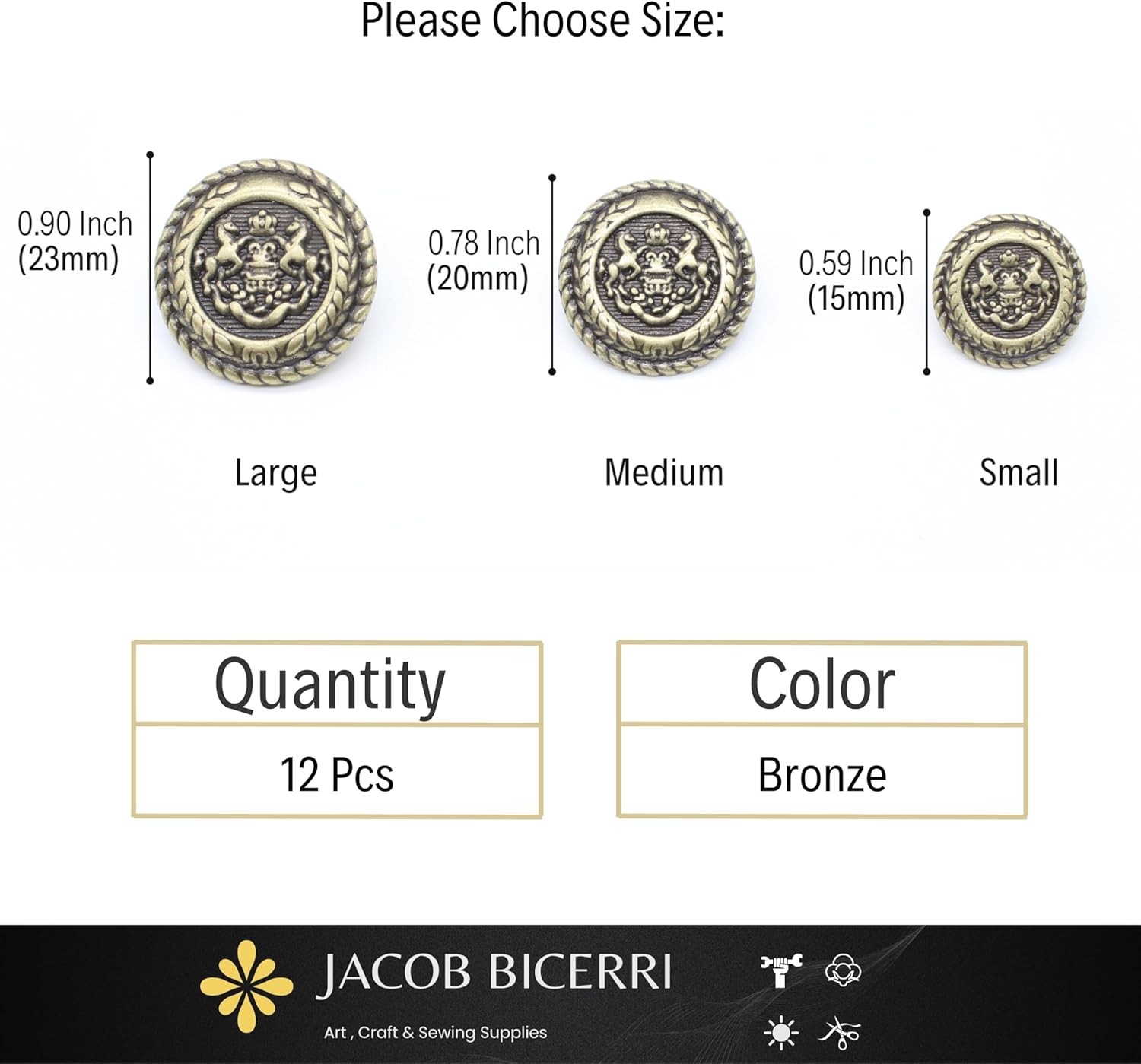 Bronze Metal Shank Buttons - 12 Pcs - 3 Size Options - The Horse of Kingdom Round Metal Shank Buttons for Men Women Blazer Coat Uniform Shirt Suit and Jacket Sewing Craft DIY N16803