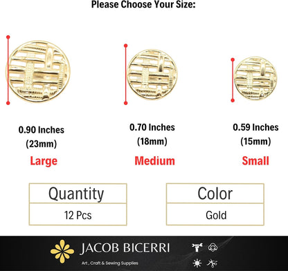 Gold Metal Shank Buttons - 12 Pcs - 3 Size Options - Weave Round Metal Shank Buttons for Men Women Blazer Coat Uniform Shirt Suit and Jacket Sewing Craft DIY N4802