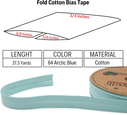 Cotton Fold Bias Tape - 3/4 Inches (20mm) Wide - 27 Yards - 65+ Colors - Single Fold Cotton Fold Bias Binding Tape for Sewing Clothing DIY (64. Arctic Blue) D64