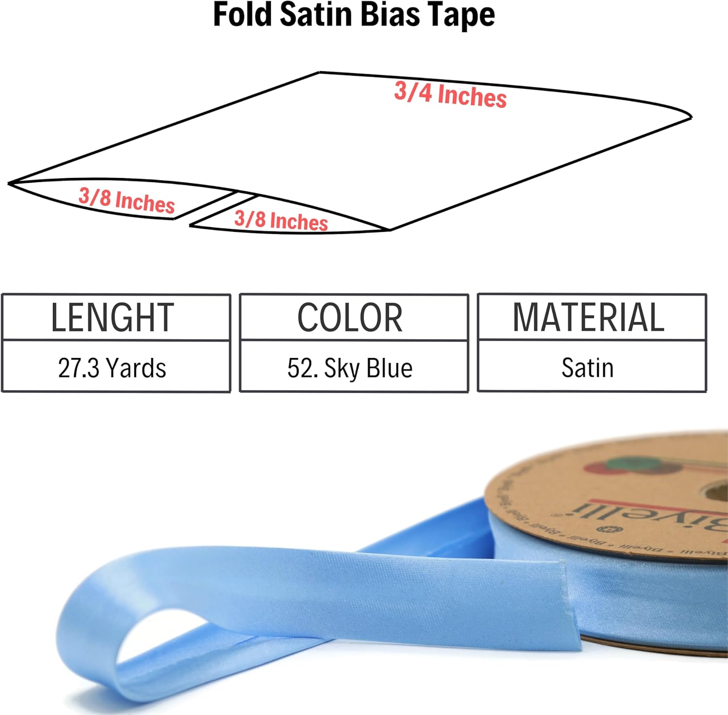 Fold Satin Bias Tape - 99+ Colors - 3/4 Inches Wide - 27 Yards - Fold Satin Binding Bias Ribbon Fabric Piping Bias Binding Tape for Sewing Clothing DIY (52. Sky Blue) BYS52