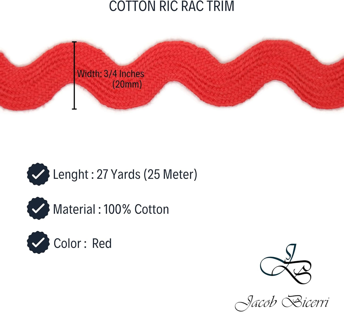 Cotton RIC Rac Trim - 3/4 Inch - 27 Yards - Wave Bending Fringe Trim Cotton Lace Ribbon RIC Rac Trim for Sewing Clothes Gift Wrapping Home Party Decoration CTR0208, Red